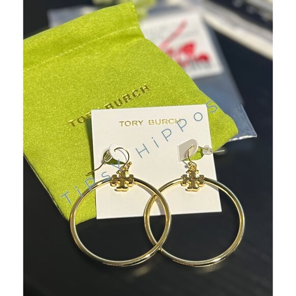 Tory Burch Gold Stacked T Logo Hoop Earrings - Picture 6 of 7